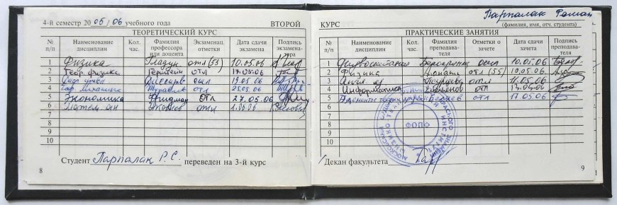Зачетная книжка с оценками